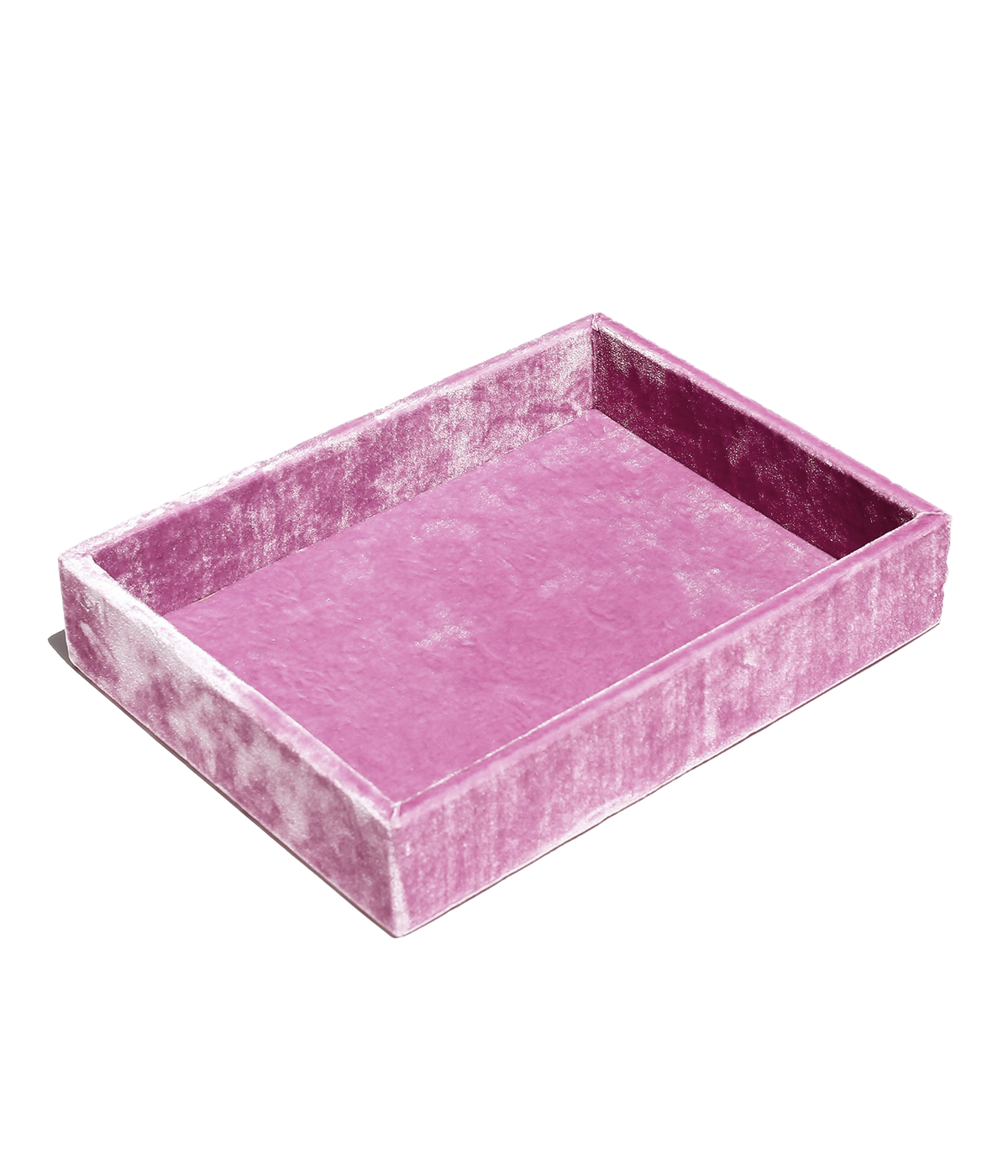 A pink silk velvet jewelry tray with multiple compartments, empty and displayed without jewelry.