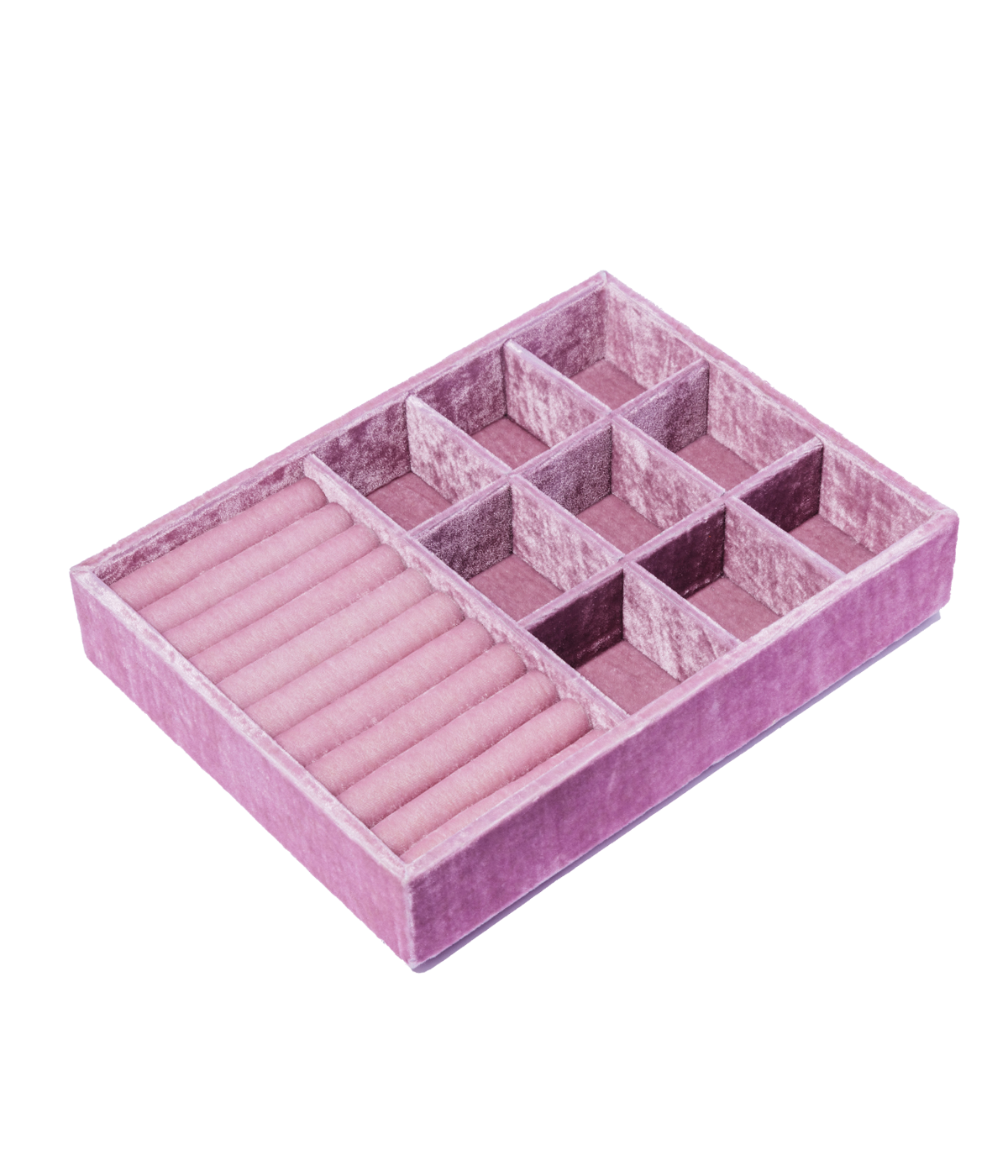 Pink velvet jewelry storage tray with compartments on a white background - Loren Hope