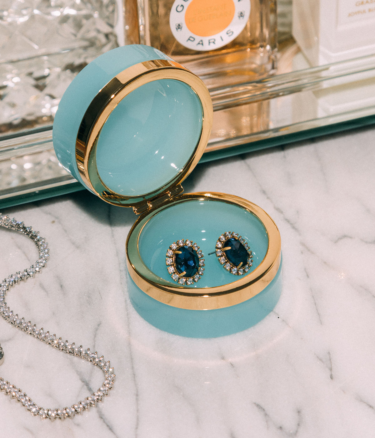 Small Round Aqua Opaline Glass Box - Loren Hope